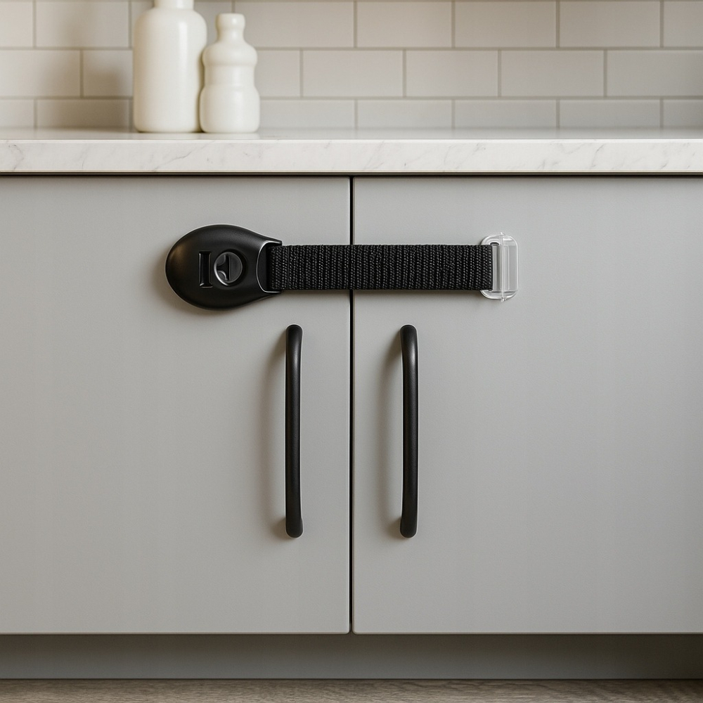 Set sigurante pentru usi si sertare, flexibile textile, ajustabile, cu adeziv 3M, pentru dulap, frigider, cuptor si mobilier, 10 bucati, negru [15]