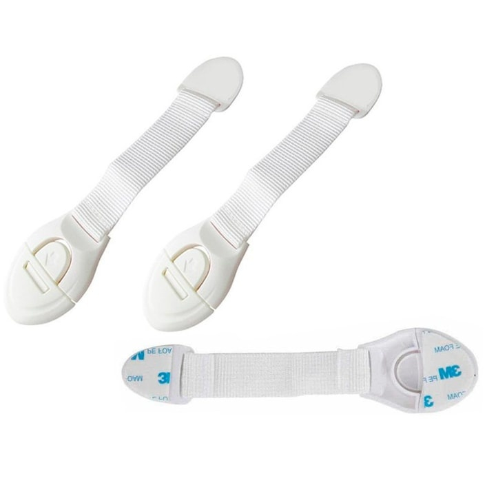 Set sigurante pentru usi si sertare, flexibile textile, ajustabile, cu adeziv 3M, pentru dulap, frigider, cuptor si mobilier, 6 bucati, alb [3]