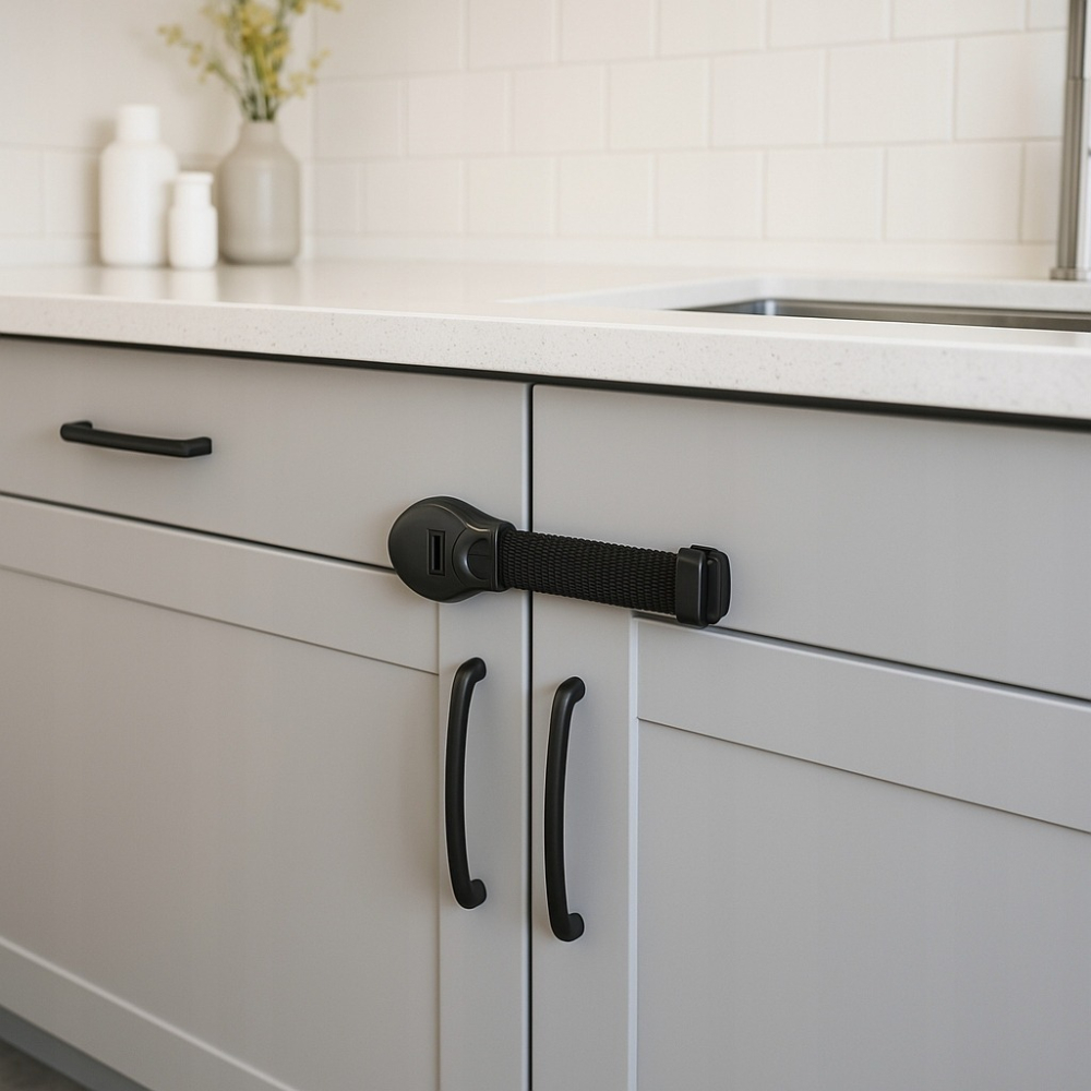 Set sigurante pentru usi si sertare, flexibile textile, ajustabile, cu adeziv 3M, pentru dulap, frigider, cuptor si mobilier, 6 bucati, negru [12]