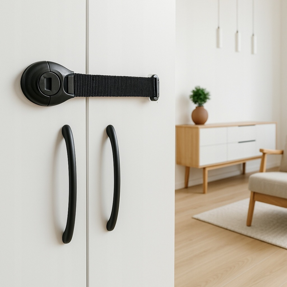 Set sigurante pentru usi si sertare, flexibile textile, ajustabile, cu adeziv 3M, pentru dulap, frigider, cuptor si mobilier, 6 bucati, negru [15]