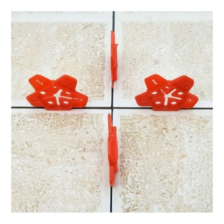 Set sistem pentru spatiat si nivelat gresia, 100 distantiere reutilizabile, 50 stele si 2 chei de strangere, pentru placi ceramice 2–16 mm, rost 1.5–5 mm, utilizare interior/exterior [10]