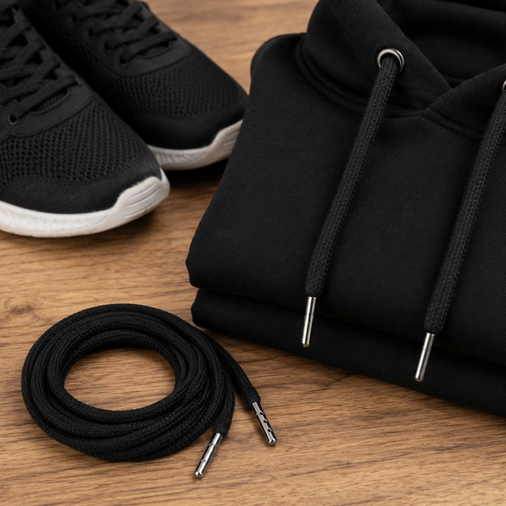 Set snururi negre pentru hanorac si pantaloni trening, sireturi rotunde din bumbac cu capete metalice pentru gluga, jachete si incaltaminte, 130 cm [2]