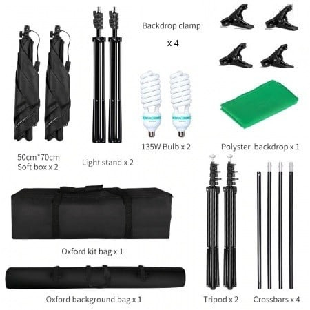 Set studio iluminare cu 2 softbox, 2 becuri fluorescente spiralate 45W, black screen, clame pentru panza, geanta transport [2]