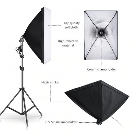 Set studio iluminare cu 2 softbox, 2 becuri fluorescente spiralate 45W, black screen, clame pentru panza, geanta transport [3]