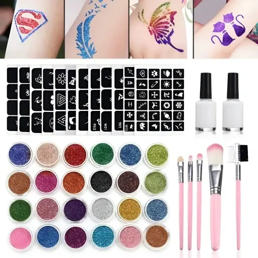 Set tatuaje cu sclipici pentru copii, 157 piese, 30 culori glitter, 120 sabloane, 5 pensule, 2 lipici, kit creativ lavabil [6]