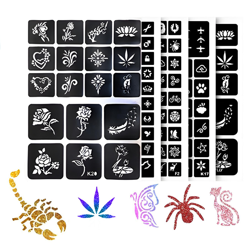 Set tatuaje cu sclipici pentru copii, 157 piese, 30 culori glitter, 120 sabloane, 5 pensule, 2 lipici, kit creativ lavabil [13]