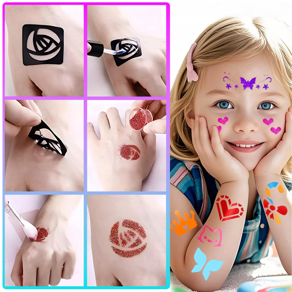 Set tatuaje cu sclipici pentru copii, 157 piese, 30 culori glitter, 120 sabloane, 5 pensule, 2 lipici, kit creativ lavabil [10]