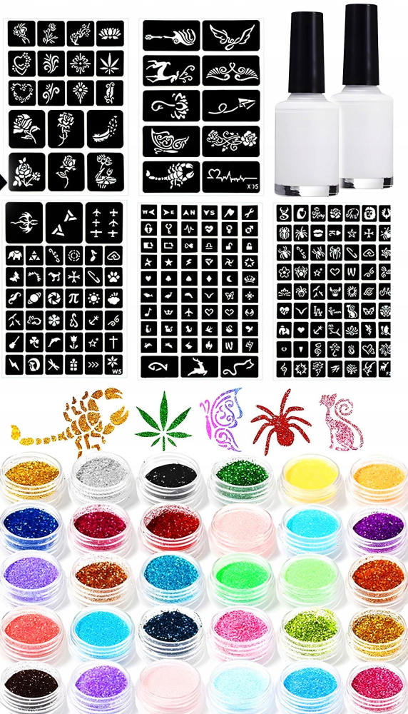 Set tatuaje cu sclipici pentru copii, 157 piese, 30 culori glitter, 120 sabloane, 5 pensule, 2 lipici, kit creativ lavabil [9]