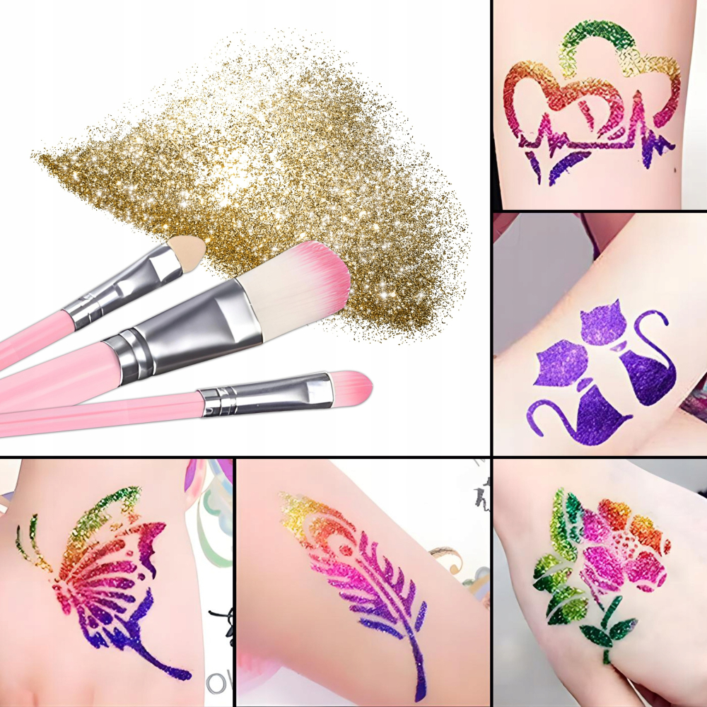 Set tatuaje cu sclipici pentru copii, 157 piese, 30 culori glitter, 120 sabloane, 5 pensule, 2 lipici, kit creativ lavabil [2]
