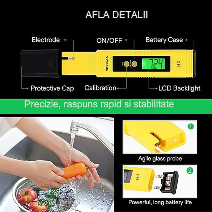 Set testere apa digitale profesionale, calitate apa 4in1, solutii de calibrare, TDS,EC,PH si temperatura, albastru, galben [6]
