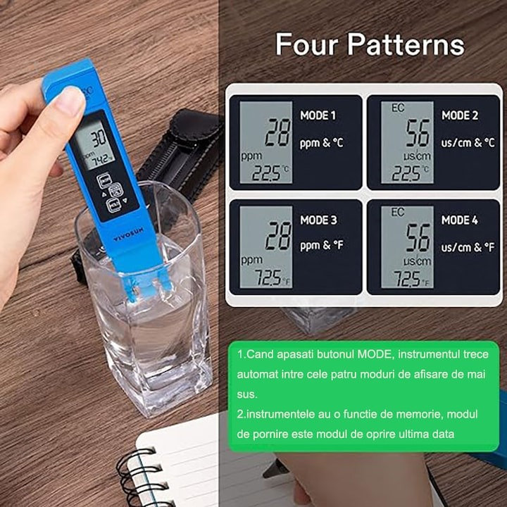 Set testere apa digitale profesionale, calitate apa 4in1, solutii de calibrare, TDS,EC,PH si temperatura, albastru, galben [5]