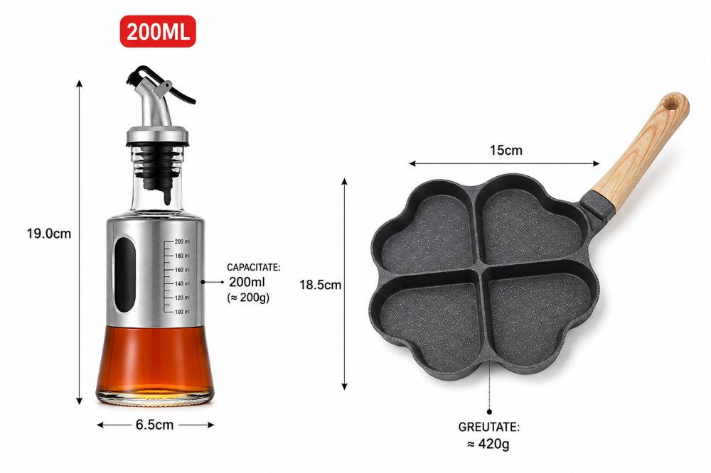 Set tigaie 4 compartimente inima + pulverizator ulei 200 ml, pentru oua, clatite si pancakes, maner aspect lemn [3]