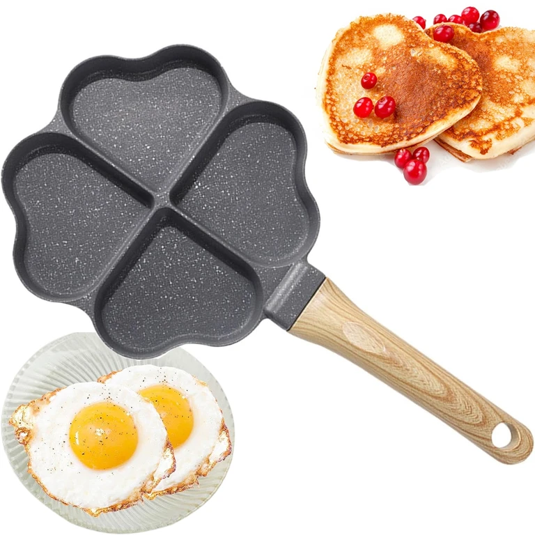 Set tigaie 4 compartimente inima + pulverizator ulei 200 ml, pentru oua, clatite si pancakes, maner aspect lemn [10]
