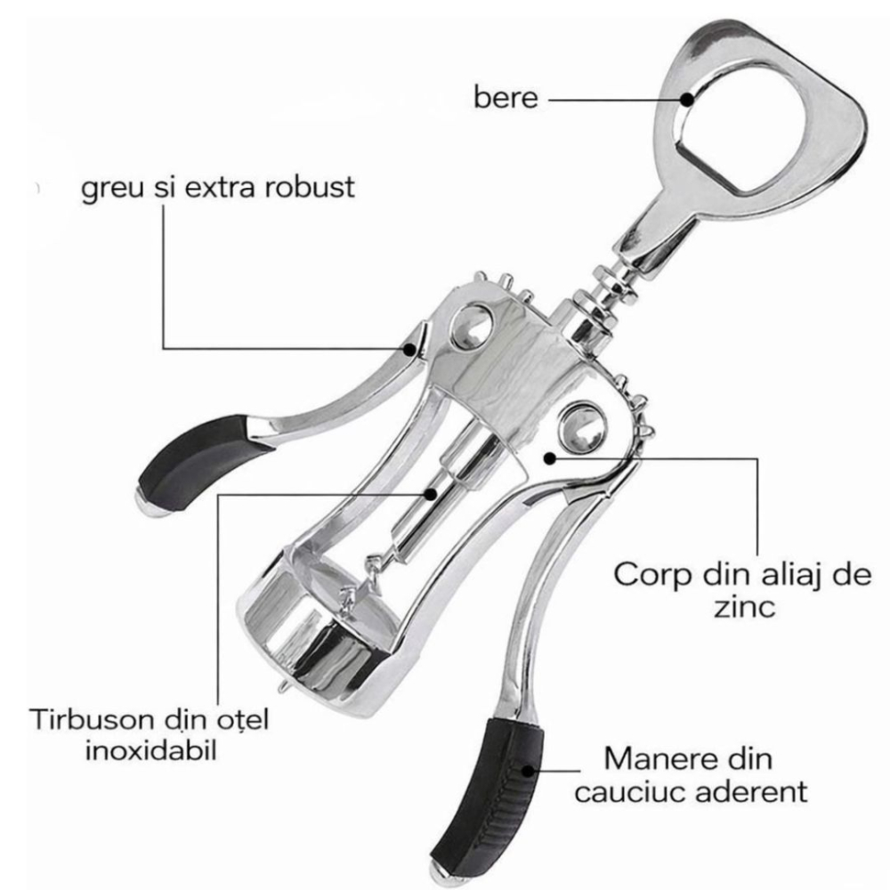 Set tirbuson profesional vin cu parghie din otel inoxidabil, dop sticla reutilizabil, accesoriu deschidere sticle, argintiu [10]
