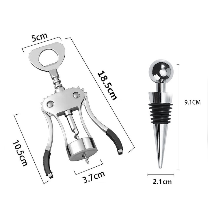 Set tirbuson profesional vin cu parghie din otel inoxidabil, dop sticla reutilizabil, accesoriu deschidere sticle, argintiu [3]