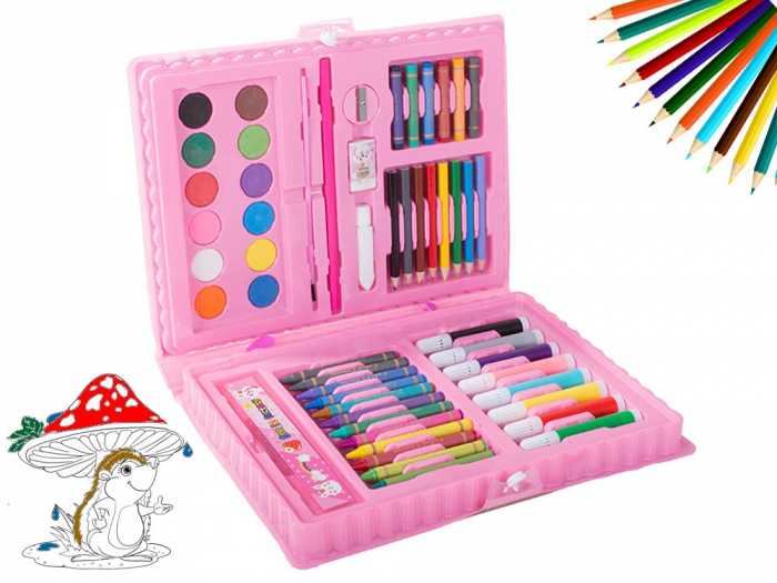 Set,trusa completa pentru copii,desenat,colorat si pictat,68 piese,trusa inclusa - Roz [4]