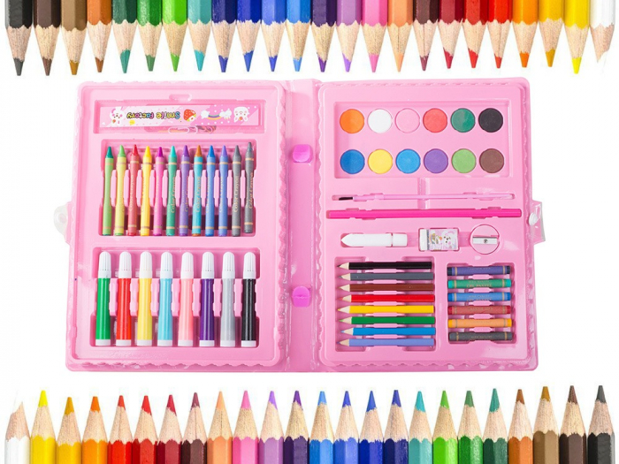 Set,trusa completa pentru copii,desenat,colorat si pictat,68 piese,trusa inclusa - Roz [7]