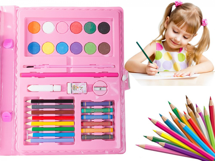 Set,trusa completa pentru copii,desenat,colorat si pictat,68 piese,trusa inclusa - Roz [5]