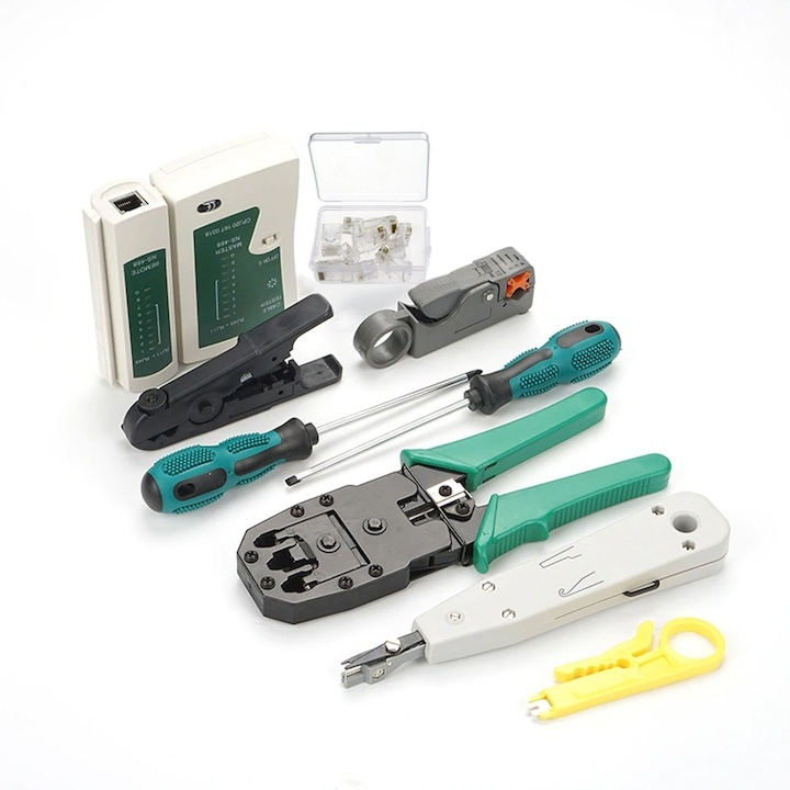 Set Unelte Retea HandyTools Dodaco cu Tester RJ45/RJ11, Cleste Sertizare 4/6/8P, 10 Mufe RJ45, 9 Piese, Etui Compact [11]