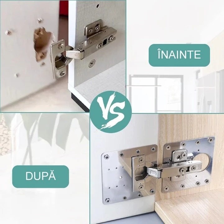 Set universal pentru consolidarea balamalelor de mobilier, 4 placi inox 9 x 9 cm, reparatie rapida pentru dulapuri si usi [13]