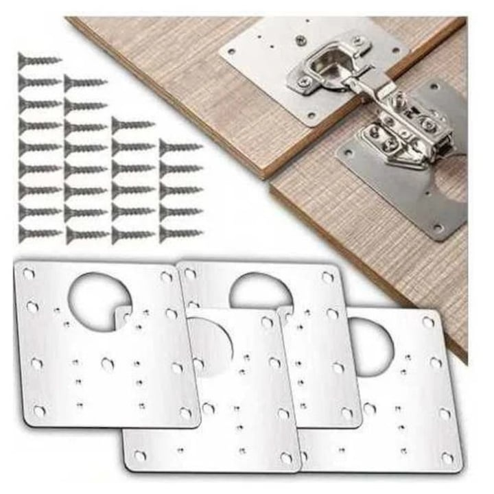 Set universal pentru consolidarea balamalelor de mobilier, 4 placi inox 9 x 9 cm, reparatie rapida pentru dulapuri si usi [2]
