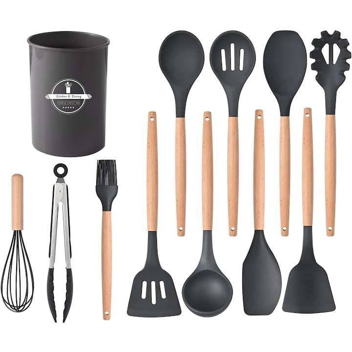 Set ustensile bucatarie, 12 piese, lemn si silicon alimentar, termorezistente, antiaderente
