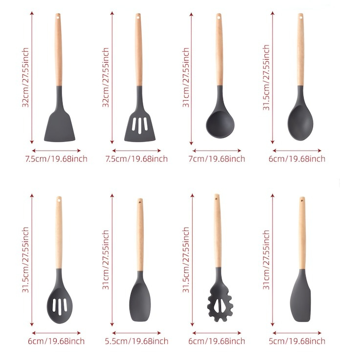 Set ustensile bucatarie, 12 piese, lemn si silicon alimentar, termorezistente, antiaderente [3]