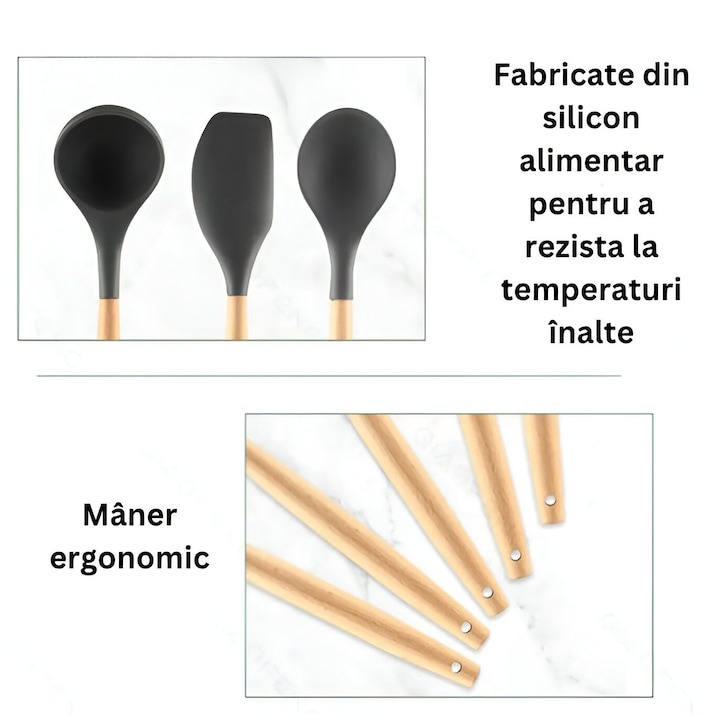 Set ustensile bucatarie, 12 piese, lemn si silicon alimentar, termorezistente, antiaderente [6]