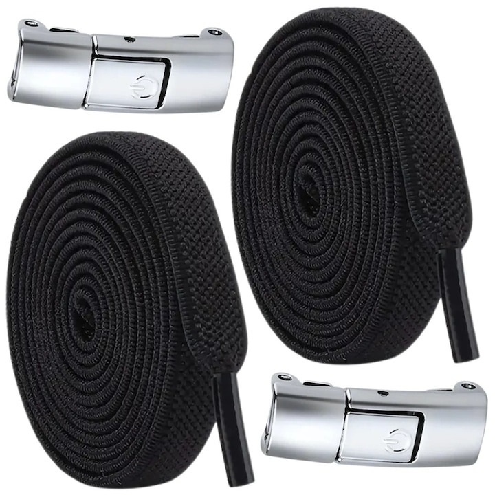 Sireturi elastice pentru incaltaminte sport, inchidere magnetica fara legare - Negru