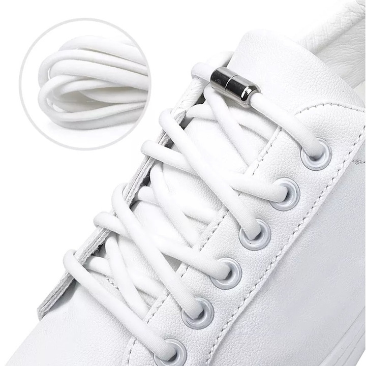 Sireturi flexibile fara legare, lungime 100 cm, cu clema metalica, usor de ajustat, ideale pentru incaltamintea copiilor si adultilor, albe [2]