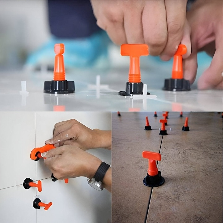 Sistem de nivelare pentru placi ceramice, set complet 152 piese, tije refolosibile, distante 1–3 mm, 2 chei incluse, ideal pentru gresie, faianta si piatra naturala [9]