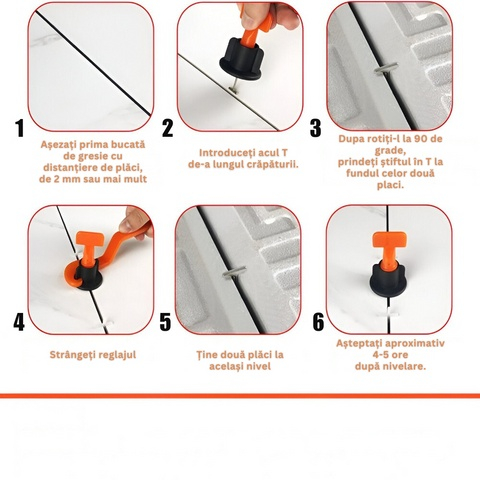 Sistem de nivelare pentru placi ceramice, set complet 152 piese, tije refolosibile, distante 1–3 mm, 2 chei incluse, ideal pentru gresie, faianta si piatra naturala [2]