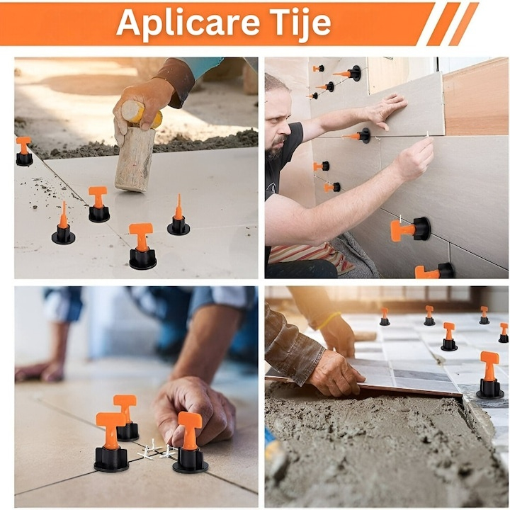 Sistem de nivelare pentru placi ceramice, set complet 152 piese, tije refolosibile, distante 1–3 mm, 2 chei incluse, ideal pentru gresie, faianta si piatra naturala [4]