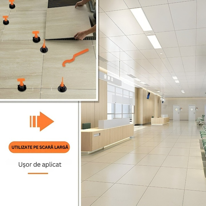 Sistem de nivelare pentru placi ceramice, set complet 152 piese, tije refolosibile, distante 1–3 mm, 2 chei incluse, ideal pentru gresie, faianta si piatra naturala [6]