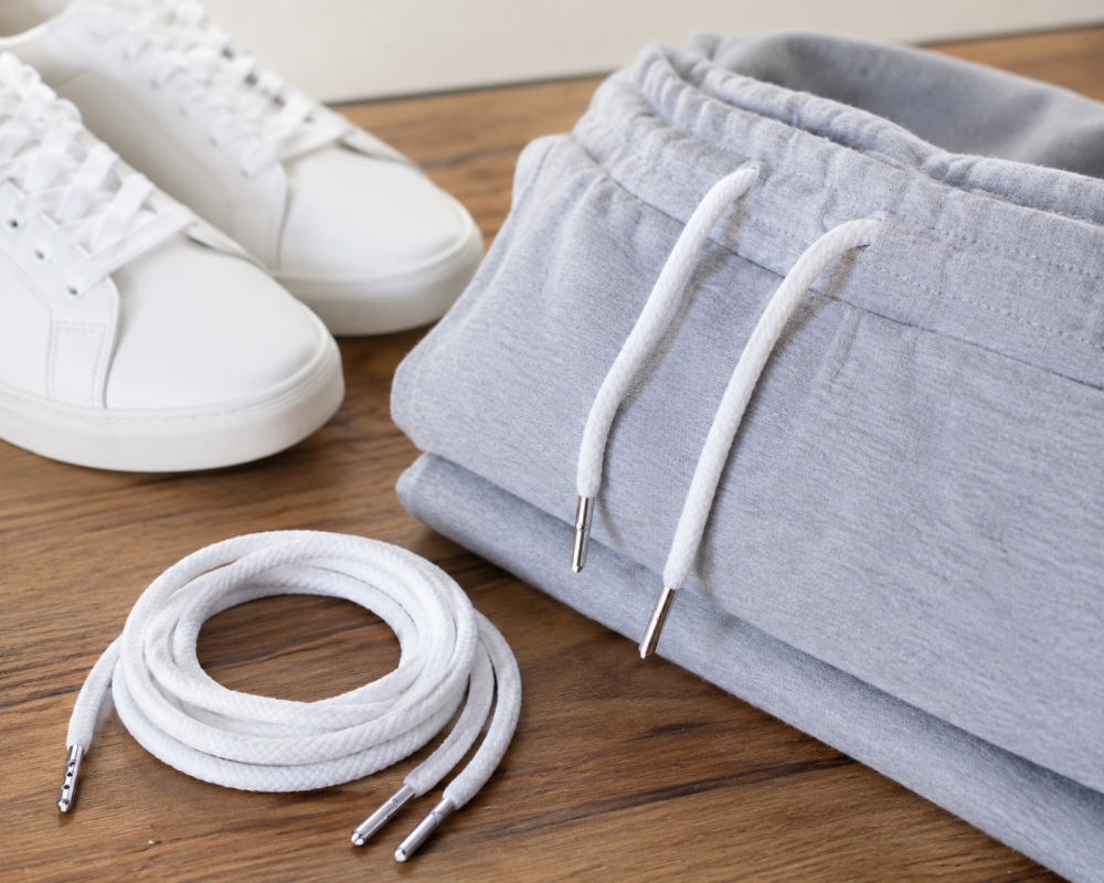 Snur alb rotund pentru hanorac si pantaloni sport cu capete metalice, siret textil din bumbac pentru gluga, jachete si incaltaminte, 130 cm [4]