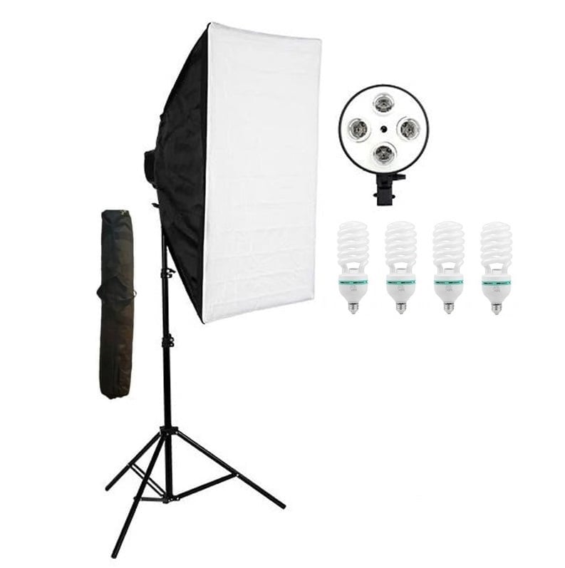 Softbox cu soclu de 4 becuri, trepied reglabil 200 cm, 4 becuri de 85W, geanta de transport inclusa