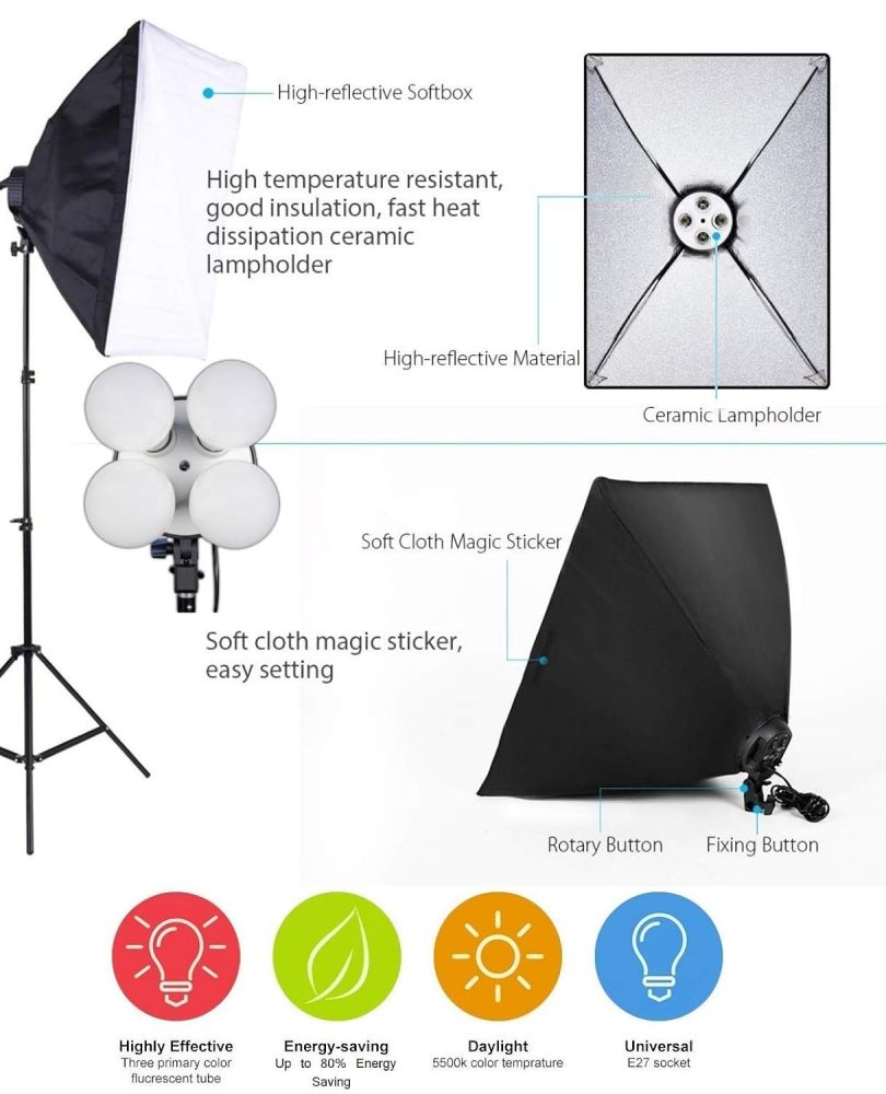 Softbox cu soclu de 4 becuri, trepied reglabil 200 cm, 4 becuri LED de 25W, geanta de transport inclusa [3]