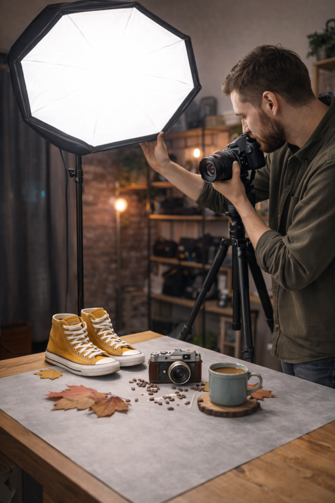 Softbox octogonal 65cm cu bec fluorescent spiralat 145W E27, stand reglabil 200cm si husa protectie [5]