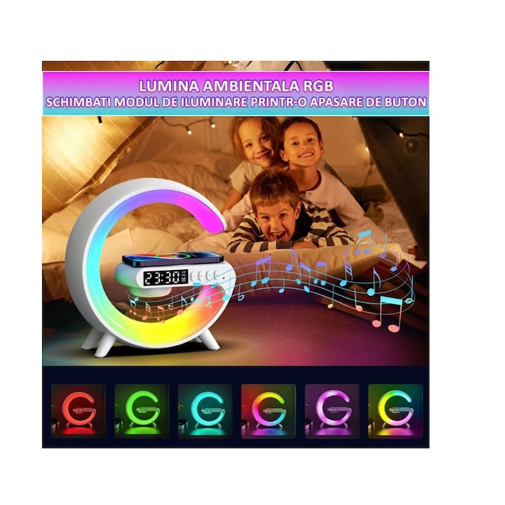 Statie Incarcare Wireless 15W, 4in1, lampa RGB, boxa bluetooth, afisaj digital, mufa jack 3.5 mm [4]