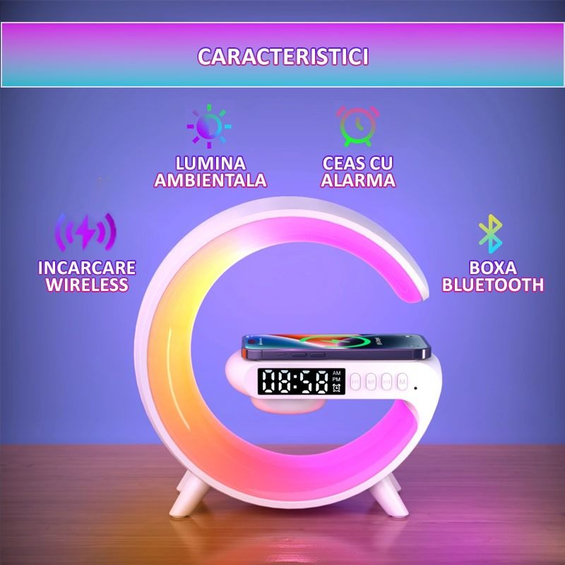 Statie Incarcare Wireless 15W, 4in1, lampa RGB, boxa bluetooth, afisaj digital, mufa jack 3.5 mm [3]