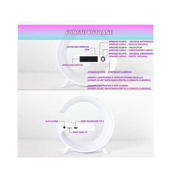 Statie Incarcare Wireless 15W, 4in1, lampa RGB, boxa bluetooth, afisaj digital, mufa jack 3.5 mm [6]