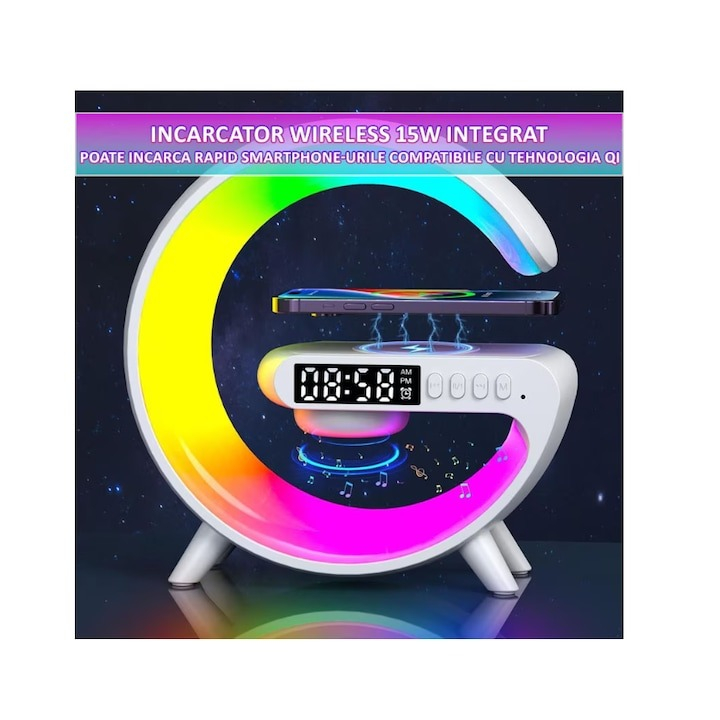 Statie Incarcare Wireless 15W, 4in1, lampa RGB, boxa bluetooth, afisaj digital, mufa jack 3.5 mm [5]