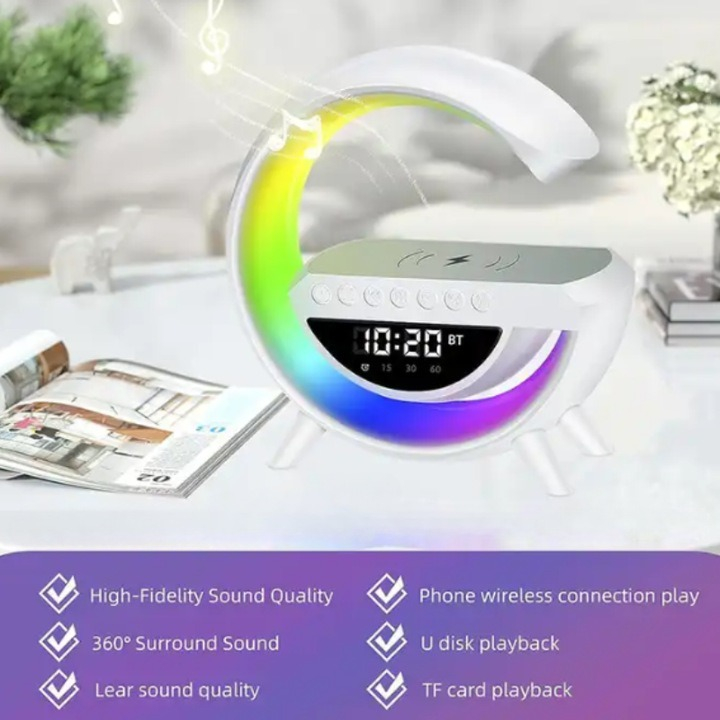Statie Incarcare Wireless 4 in 1 cu lampa RGB, boxa bluetooth si afisaj digital [3]