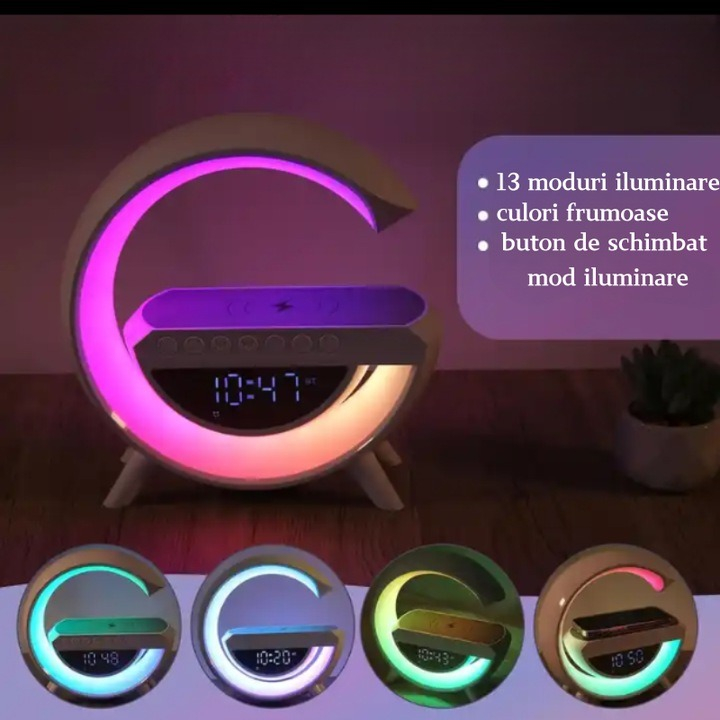 Statie Incarcare Wireless 4 in 1 cu lampa RGB, boxa bluetooth si afisaj digital [4]