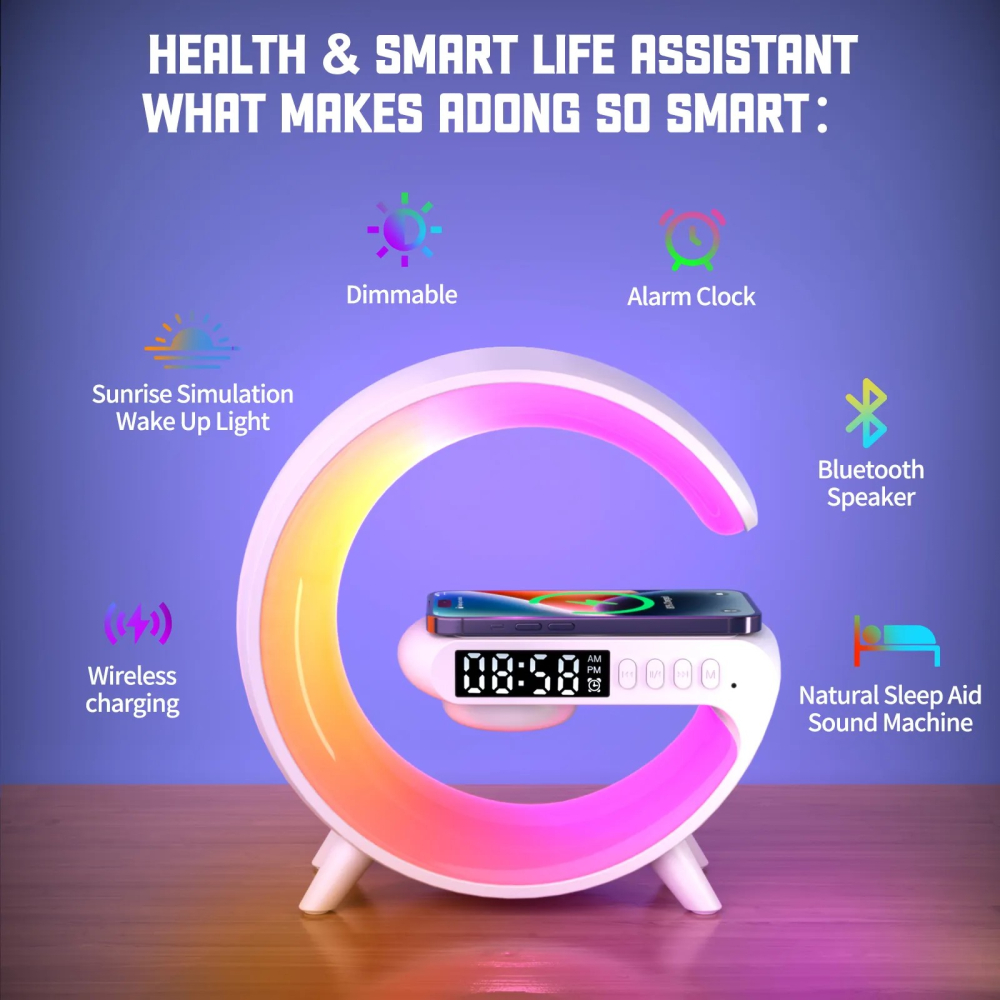 Statie multifunctionala 3 in 1 cu incarcare wireless rapida 15W, boxa Bluetooth, lampa ambientala LED RGB, ceas digital si alarma, alba [2]