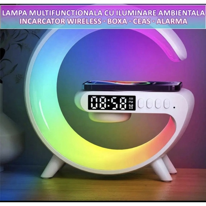 Statie multifunctionala 3 in 1 cu incarcare wireless rapida 15W, boxa Bluetooth, lampa ambientala LED RGB, ceas digital si alarma, alba [4]