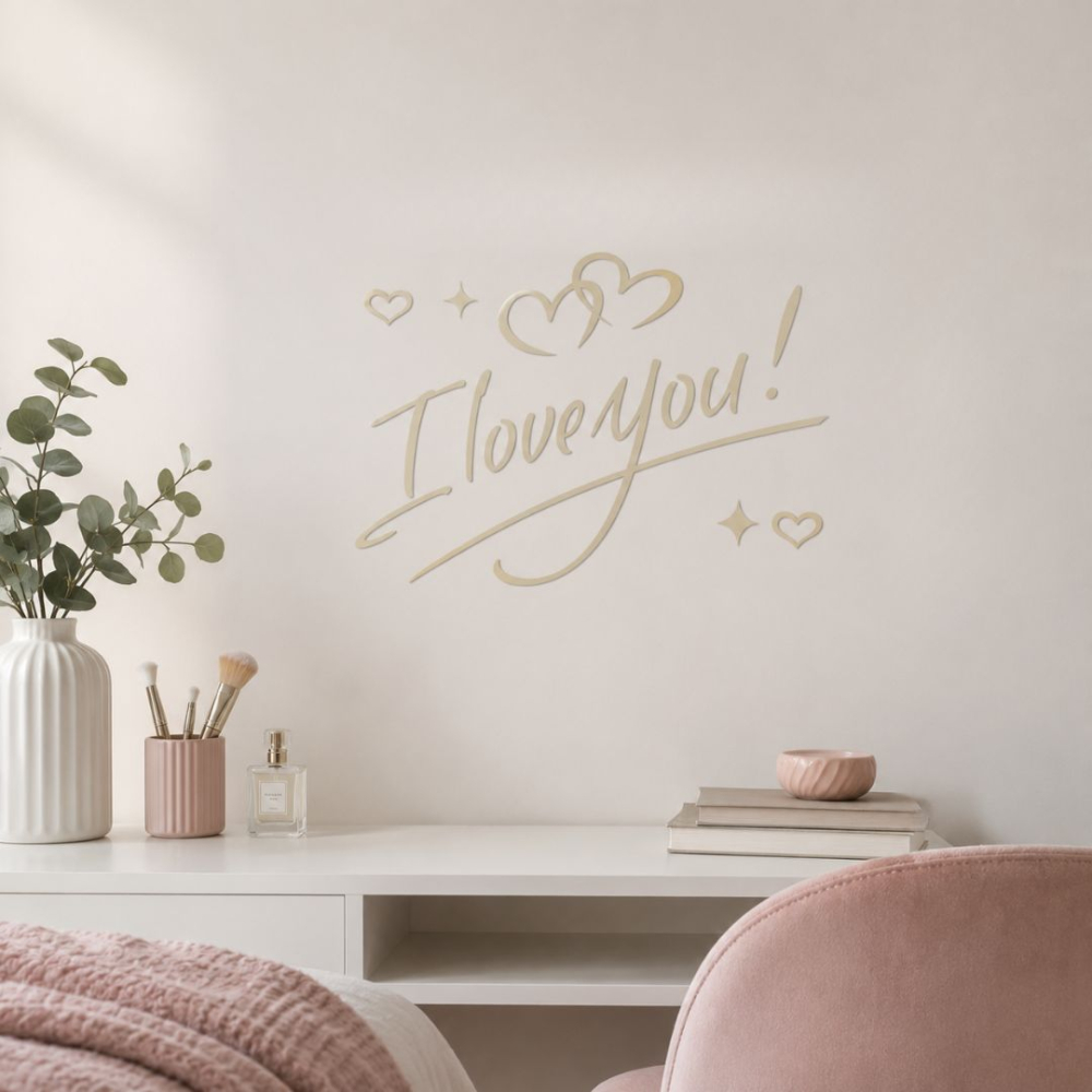 Sticker decorativ auriu 28 x 19.5 cm cu mesaj I Love You si inimioare, autocolant din vinil pentru perete, geam, oglinda, mobilier si usa [2]