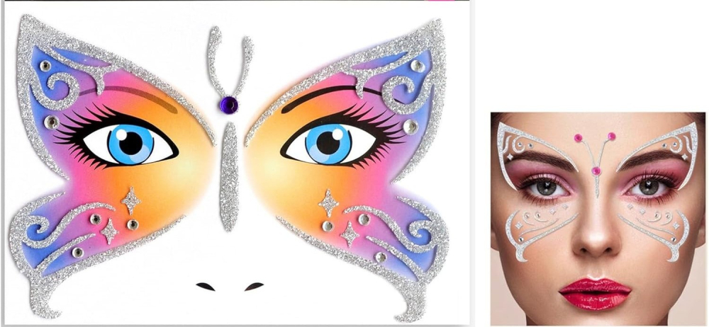 Sticker temporar decorativ pentru fata, model Fluture Glitter, autocolant pentru machiaj festival, carnaval, Halloween si petreceri tematice, 12.8 x 12 cm, Multicolor [3]
