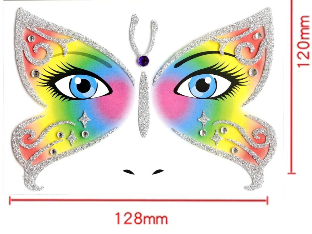 Sticker temporar decorativ pentru fata, model Fluture Glitter, autocolant pentru machiaj festival, carnaval, Halloween si petreceri tematice, 12.8 x 12 cm, Multicolor [2]