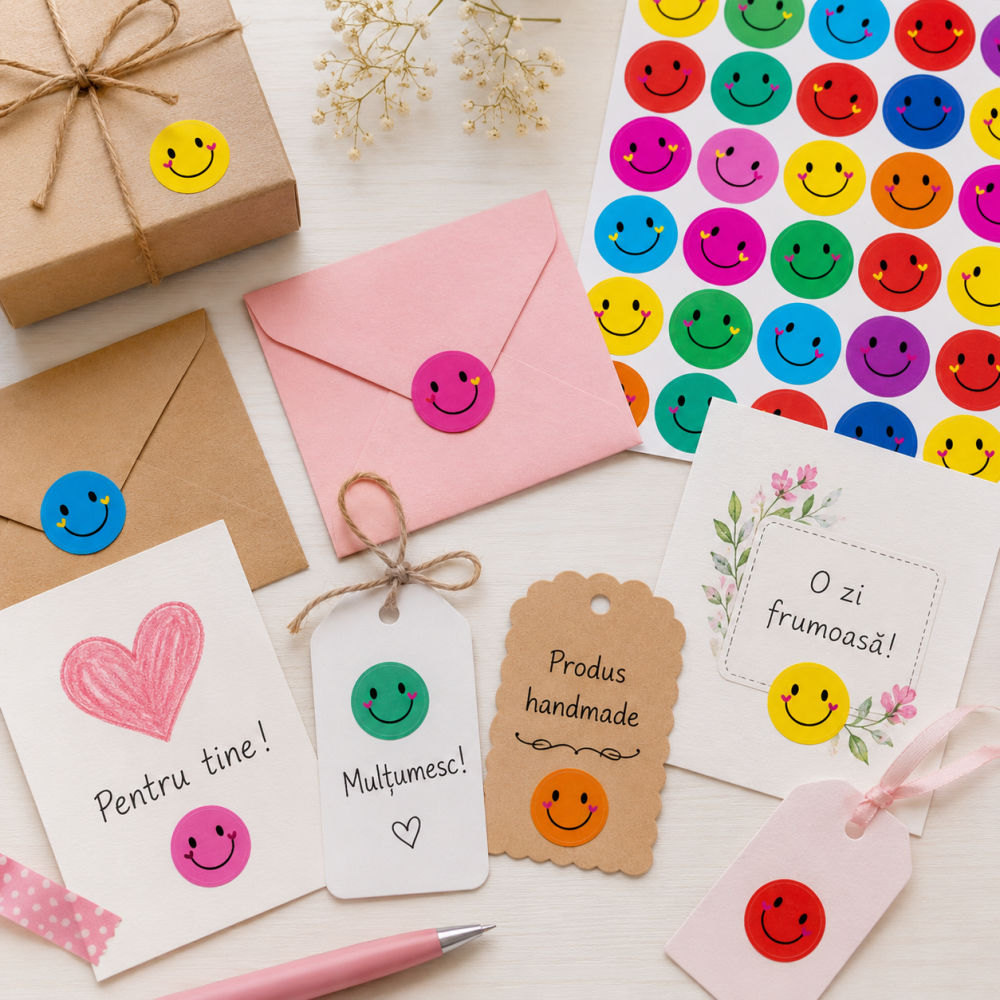 Stickere autocolante multicolor 2.8 cm diametru, set 160 buc, rotunde cu fete zambitoare, pentru scrapbooking, cadouri, etichete si proiecte DIY [2]